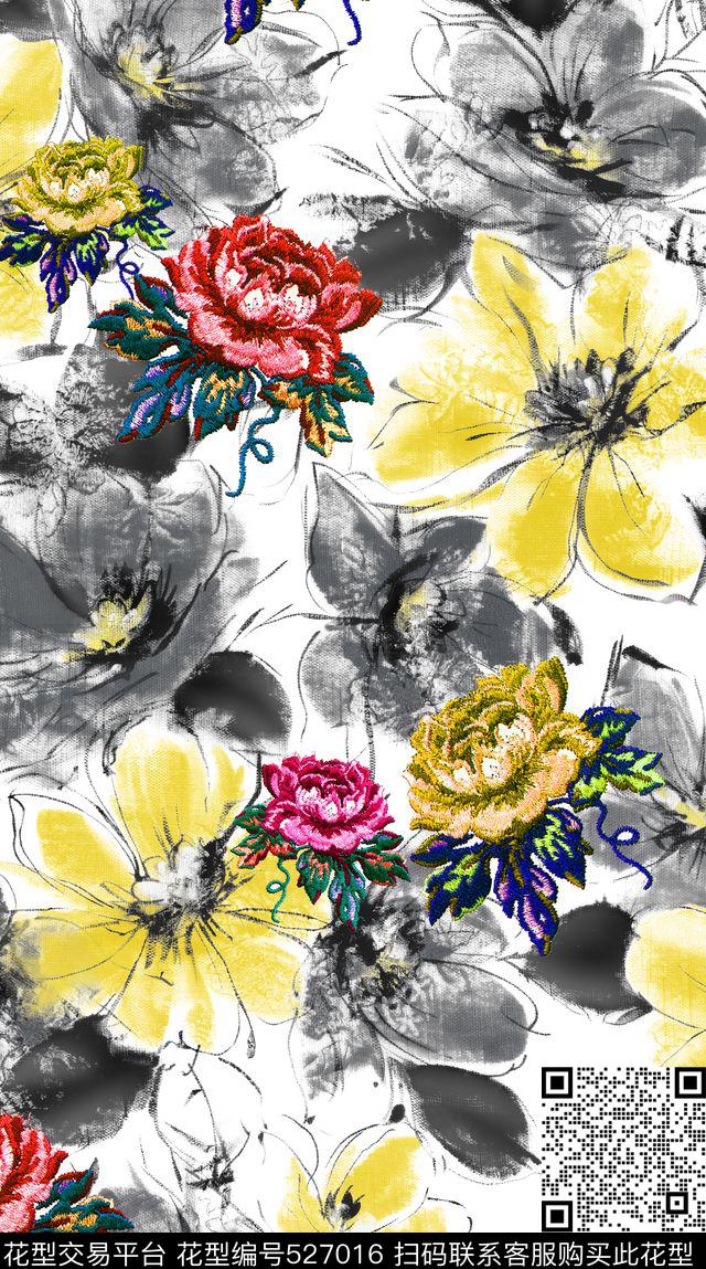水墨花卉绣花花卉中国风数码印花华亿平台下载（图片编号: 527016） - 瓦栏（Walan）
