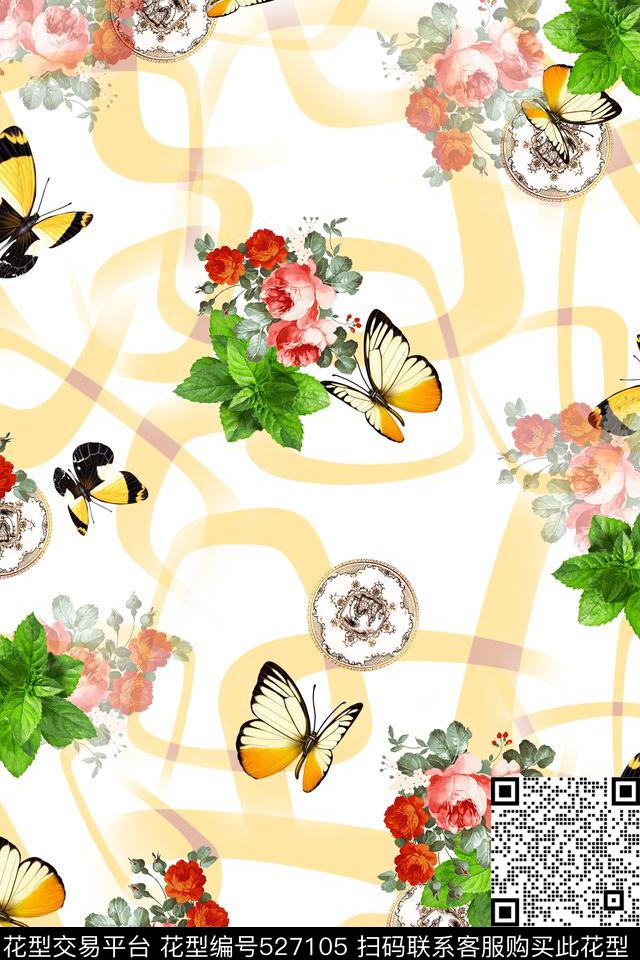 休闲风几何清新花朵蝴蝶欧式图案数码印花华亿平台下载（图片编号: 527105） - 瓦栏（Walan）