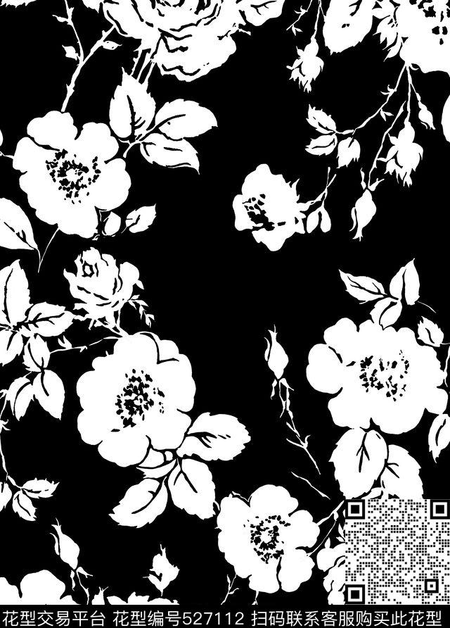 D&G黑白玫瑰花时尚原创大牌手绘花卉传统印花华亿平台下载（图片编号: 527112） - 瓦栏（Walan）