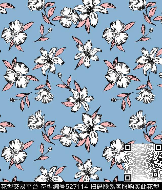 复古田园清新线描花手绘花花卉传统印花华亿平台下载（图片编号: 527114） - 瓦栏（Walan）