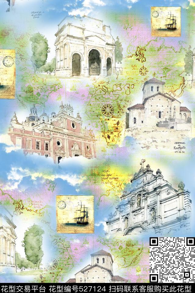 复古建筑欧美休闲数码印花华亿平台下载（图片编号: 527124） - 瓦栏（Walan）