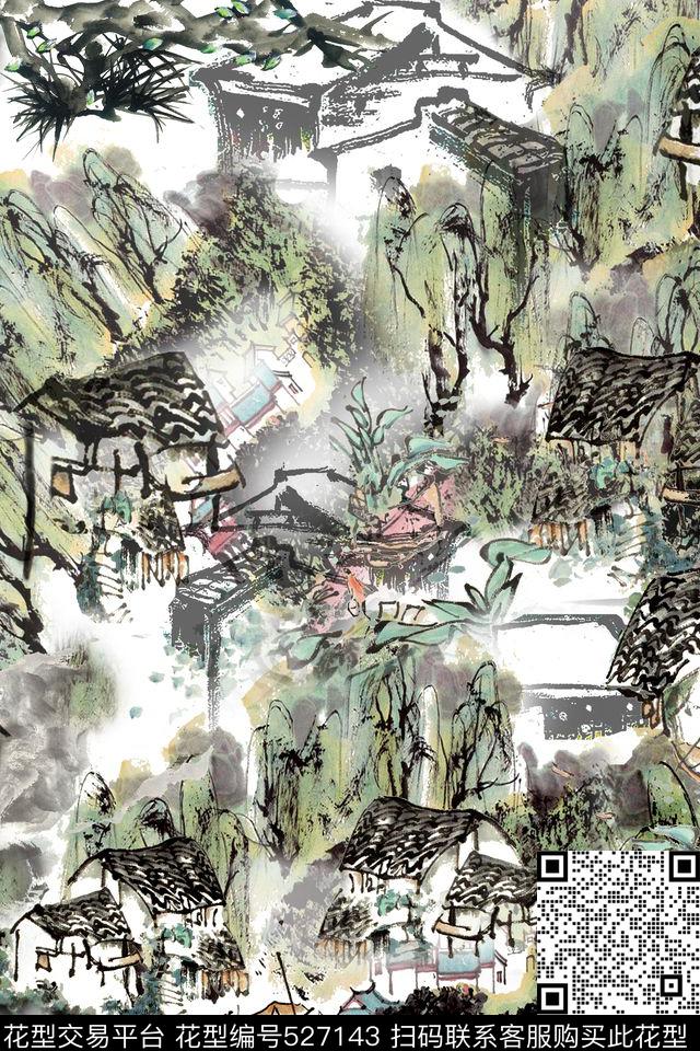 写意风格水墨山水绘画数码印花华亿平台下载（图片编号: 527143） - 瓦栏（Walan）