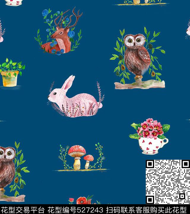 手绘动物猫头鹰小鹿数码印花华亿平台下载（图片编号: 527243） - 瓦栏（Walan）