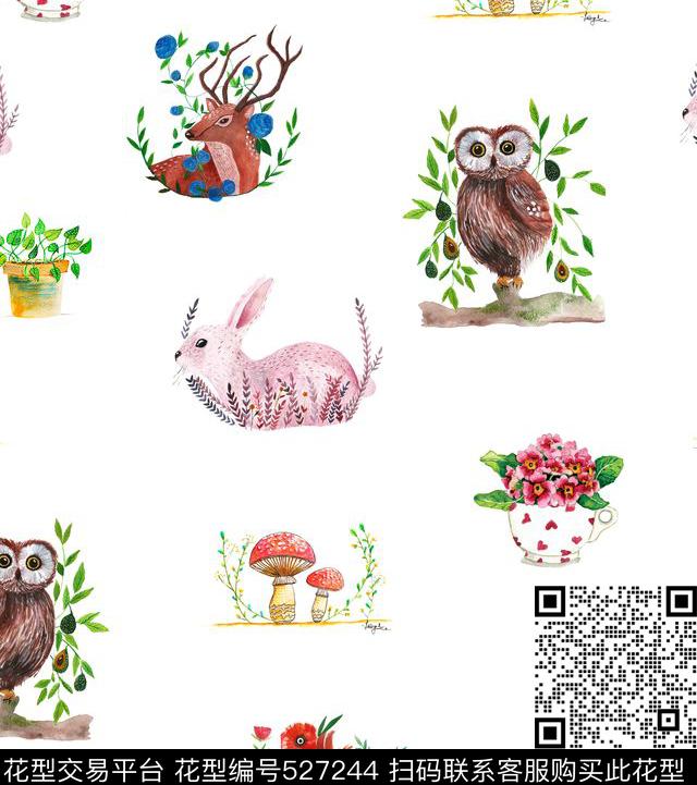 手绘动物猫头鹰小鹿数码印花华亿平台下载（图片编号: 527244） - 瓦栏（Walan）