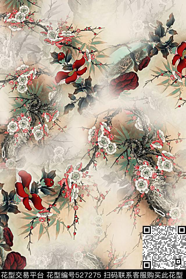花卉梅花丝绸面料数码印花华亿平台下载（图片编号: 527275） - 瓦栏（Walan）