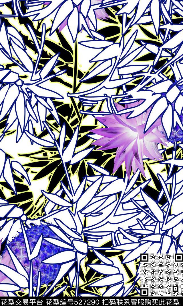 自然写意竹子菠萝数码印花华亿平台下载（图片编号: 527290） - 瓦栏（Walan）