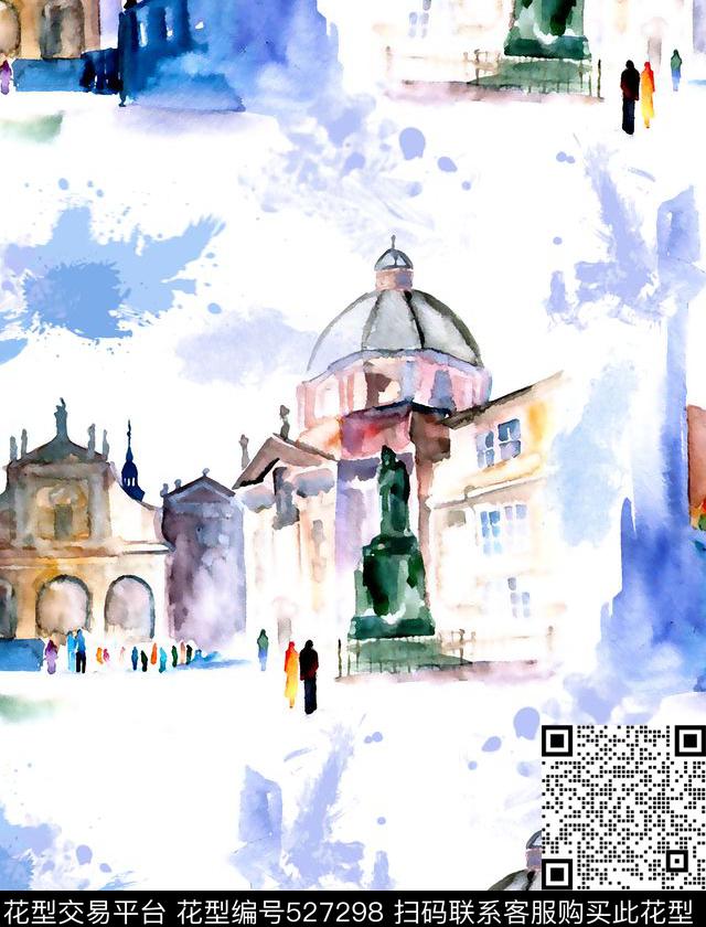 风景水彩建筑数码印花华亿平台下载（图片编号: 527298） - 瓦栏（Walan）