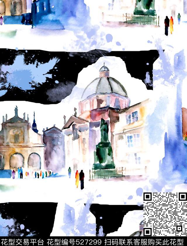 风景水彩建筑数码印花华亿平台下载（图片编号: 527299） - 瓦栏（Walan）