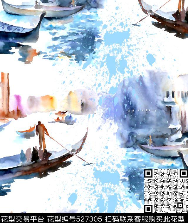 建筑风景水彩数码印花华亿平台下载（图片编号: 527305） - 瓦栏（Walan）