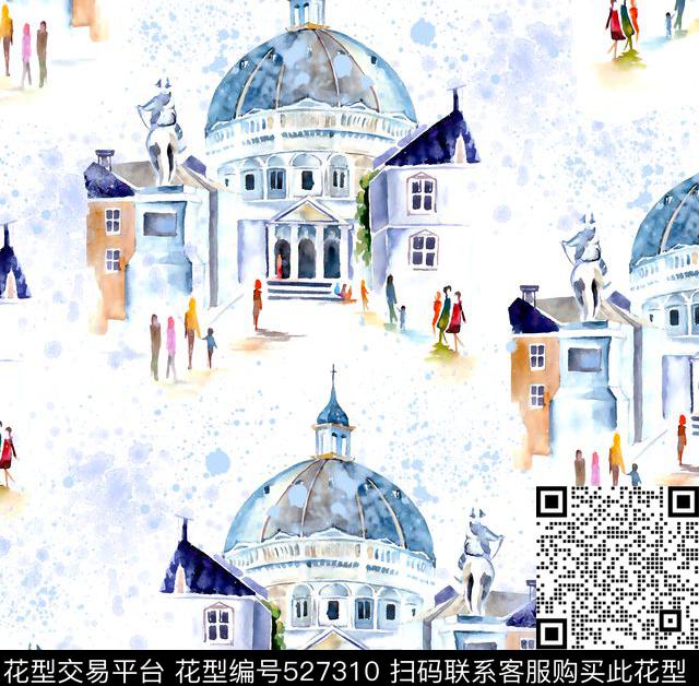 风景水彩建筑数码印花华亿平台下载（图片编号: 527310） - 瓦栏（Walan）