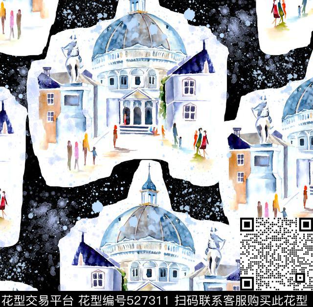 风景水彩建筑数码印花华亿平台下载（图片编号: 527311） - 瓦栏（Walan）
