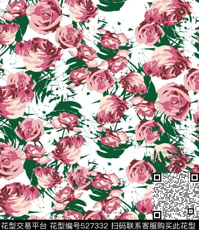 欧美大牌玫瑰写意传统印花华亿平台下载（图片编号: 527332） - 瓦栏（Walan）