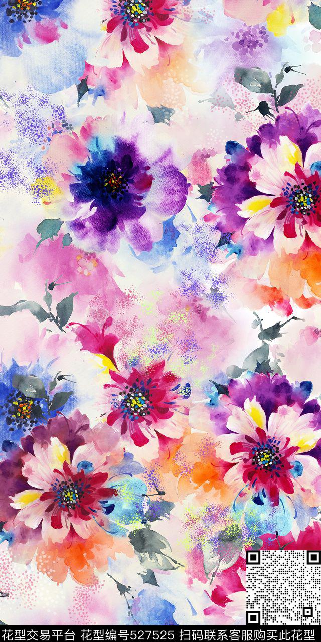 水墨画手绘花卉水墨风数码印花华亿平台下载（图片编号: 527525） - 瓦栏（Walan）