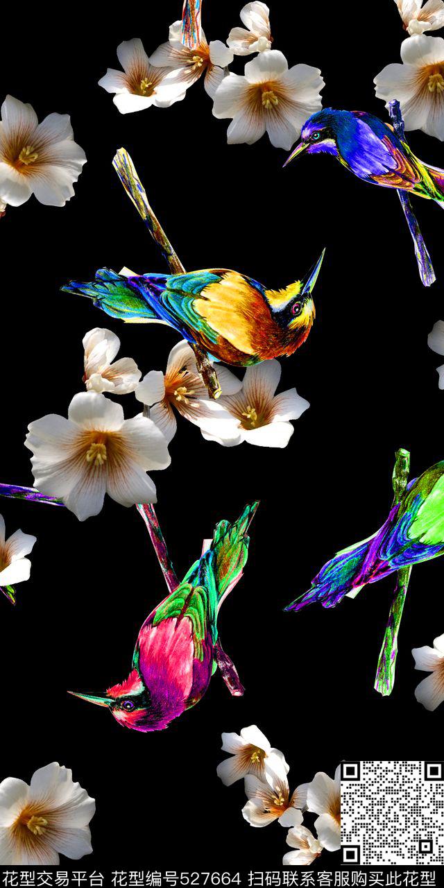 大气黑底花鸟花卉女装连衣裙华亿平台数码印花华亿平台下载（图片编号: 527664） - 瓦栏（Walan）