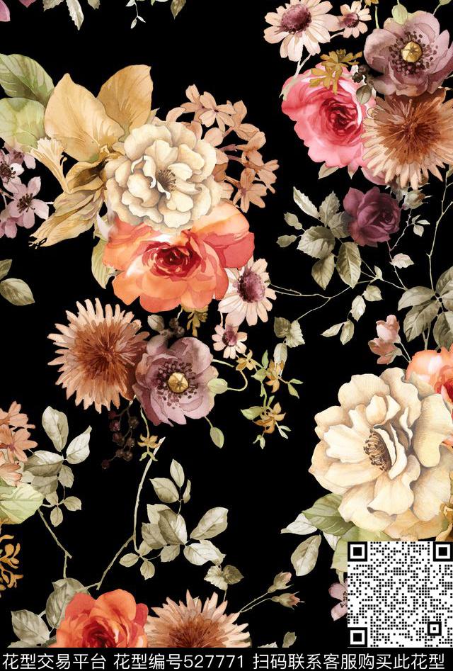 花卉秋冬华亿平台黑底花卉数码印花华亿平台下载（图片编号: 527771） - 瓦栏（Walan）