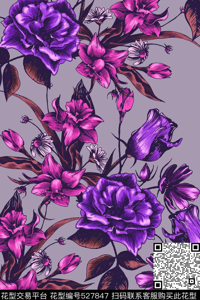 超大花卉花卉连衣裙传统印花华亿平台下载（图片编号: 527847） - 瓦栏（Walan）