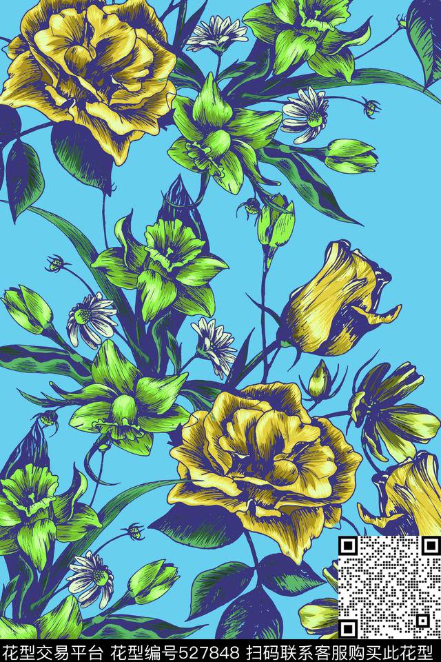 超大花卉花卉连衣裙传统印花华亿平台下载（图片编号: 527848） - 瓦栏（Walan）