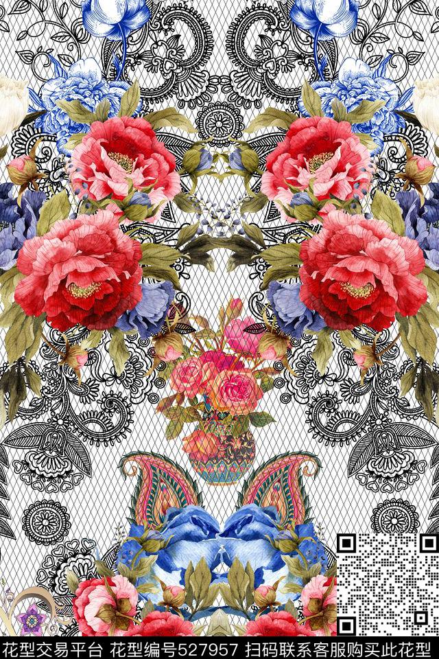 花卉蕾丝佩斯利数码印花华亿平台下载（图片编号: 527957） - 瓦栏（Walan）