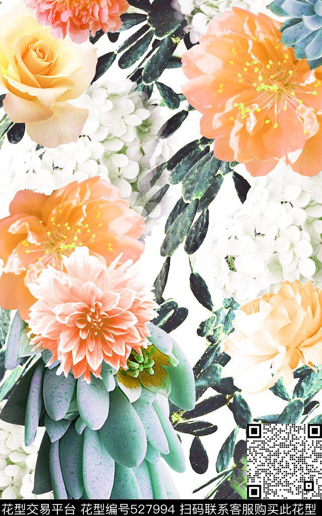 时尚花卉仙人掌绣球花玫瑰花多肉植物组合女装数码印花华亿平台下载（图片编号: 527994） - 瓦栏（Walan）