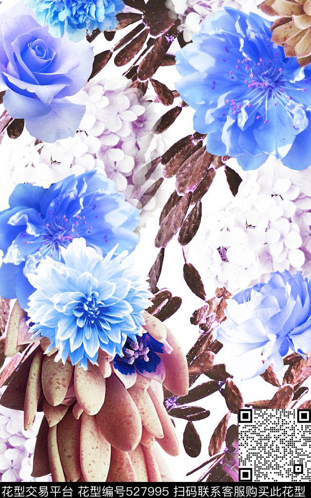 时尚花卉仙人掌绣球花玫瑰花多肉植物组合女装数码印花华亿平台下载（图片编号: 527995） - 瓦栏（Walan）