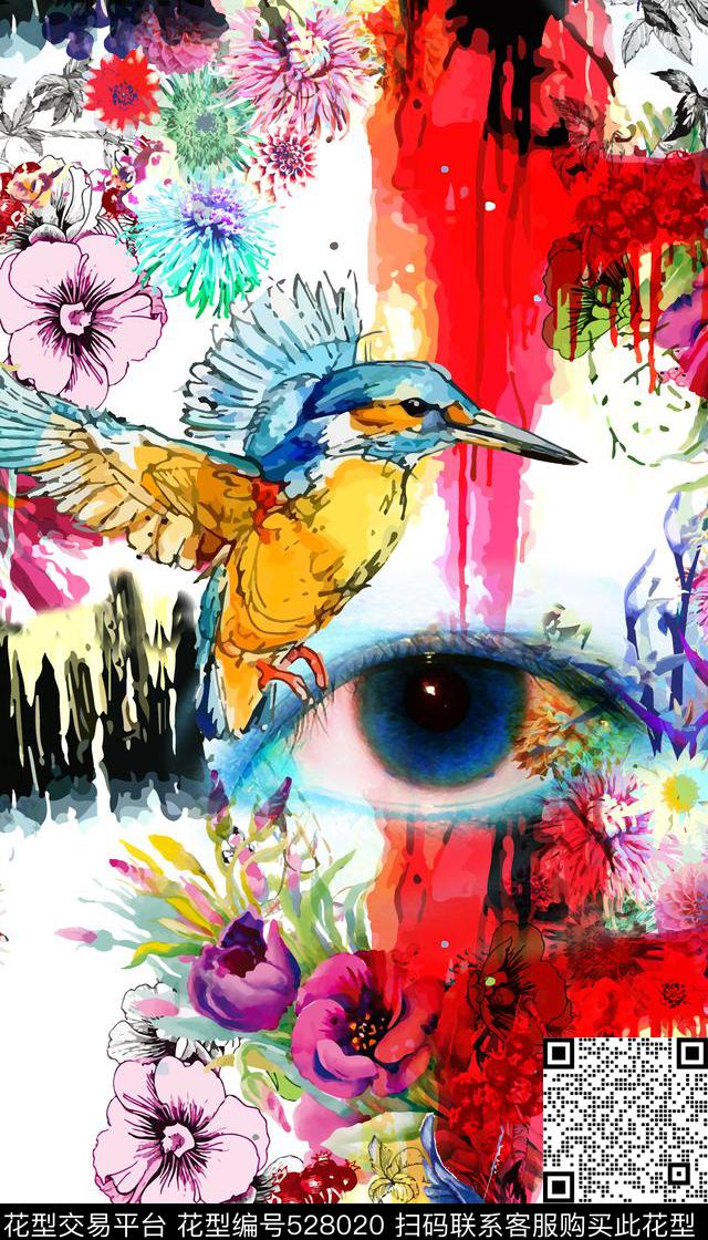 抽象眼睛花卉数码印花华亿平台下载（图片编号: 528020） - 瓦栏（Walan）