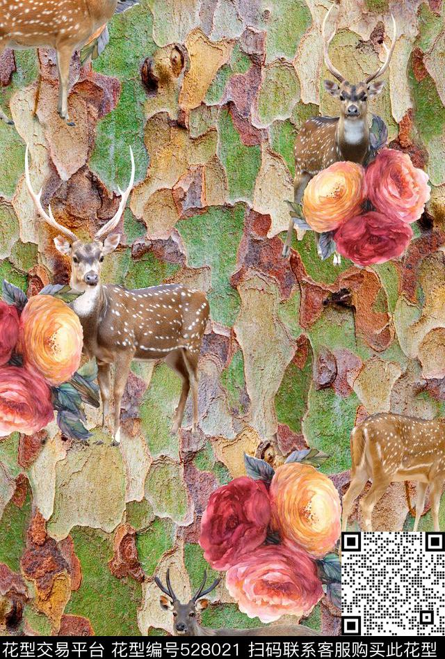 树木鹿花数码印花华亿平台下载（图片编号: 528021） - 瓦栏（Walan）