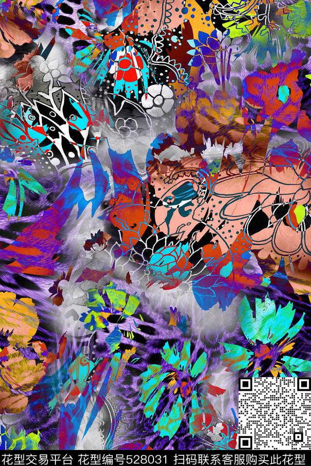 时尚豹纹花卉数码印花华亿平台下载（图片编号: 528031） - 瓦栏（Walan）