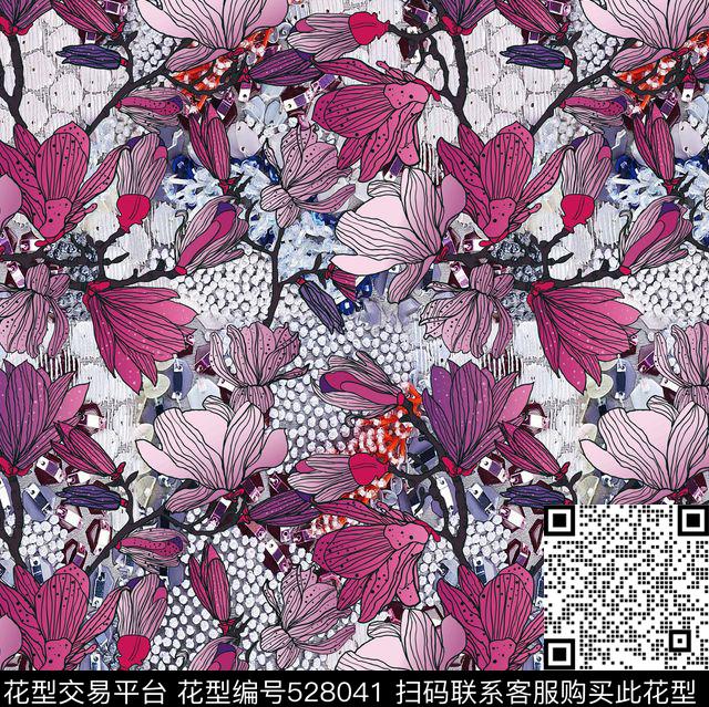 时尚潮流休闲玉兰花奢华珠宝数码印花华亿平台下载（图片编号: 528041） - 瓦栏（Walan）