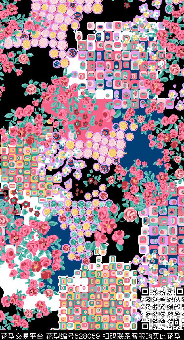 抽象花色块花小翠花传统印花华亿平台下载（图片编号: 528059） - 瓦栏（Walan）
