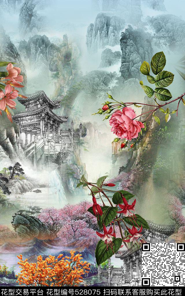 山水亭台中国风数码印花华亿平台下载（图片编号: 528075） - 瓦栏（Walan）