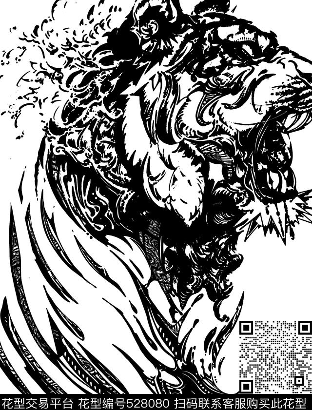 黑白水墨老虎欧式传统印花华亿平台下载（图片编号: 528080） - 瓦栏（Walan）