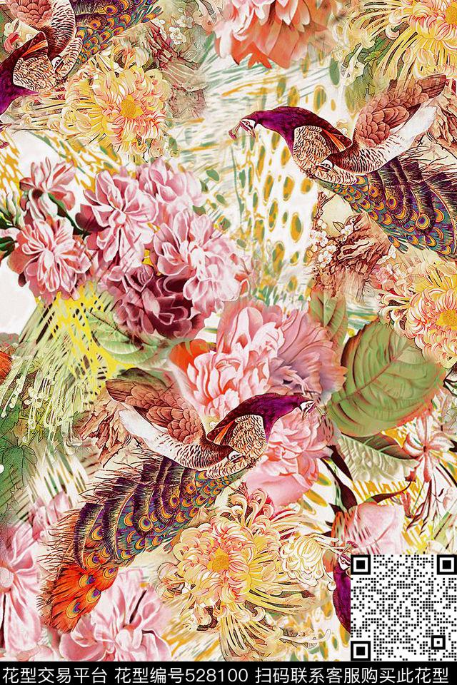 孔雀菊花豹纹数码印花华亿平台下载（图片编号: 528100） - 瓦栏（Walan）