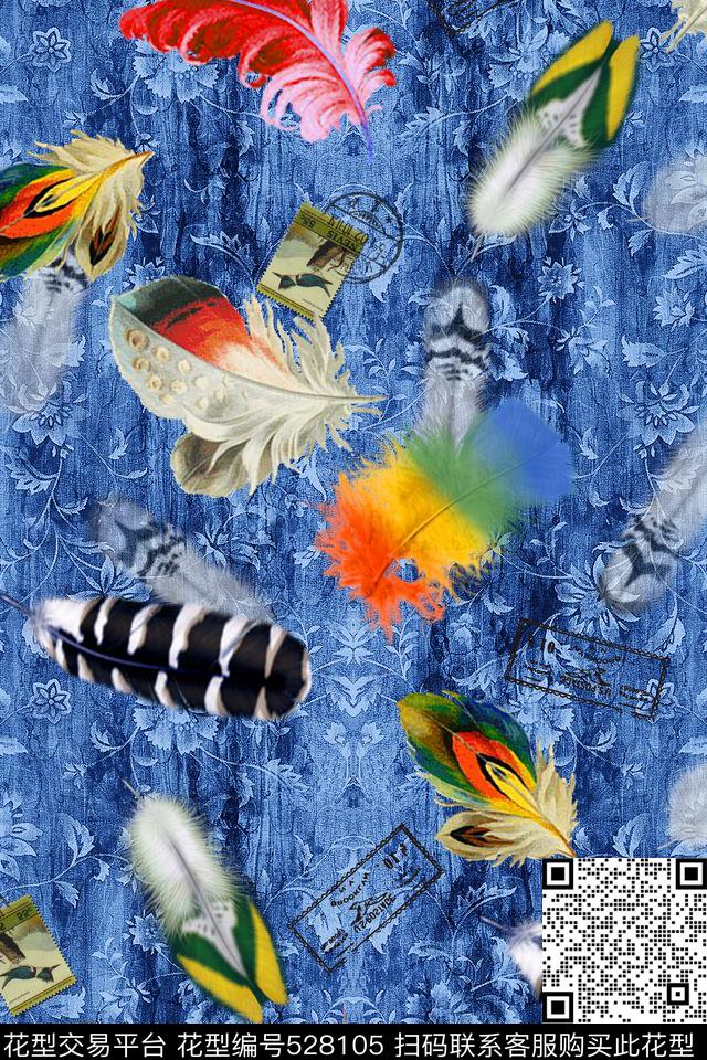 复古华亿平台牛仔羽毛数码印花华亿平台下载（图片编号: 528105） - 瓦栏（Walan）
