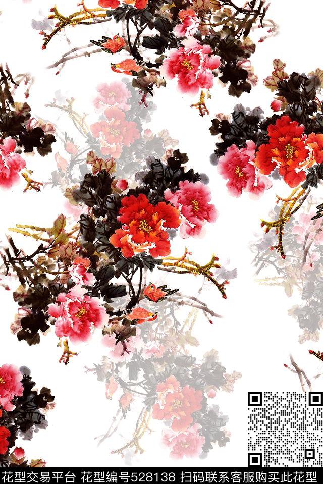 牡丹花水墨画中国风数码印花华亿平台下载（图片编号: 528138） - 瓦栏（Walan）