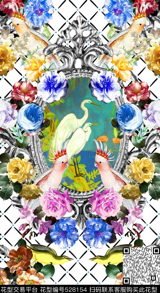 时尚花卉几何格子数码印花华亿平台下载（图片编号: 528154） - 瓦栏（Walan）