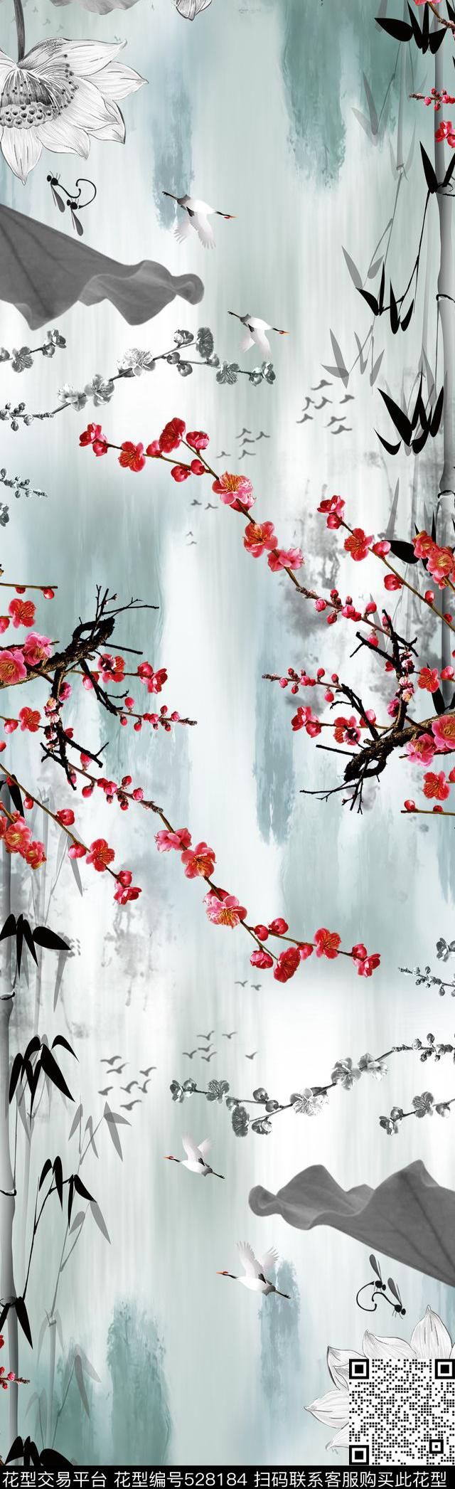 中国风水墨荷花竹子数码印花华亿平台下载（图片编号: 528184） - 瓦栏（Walan）