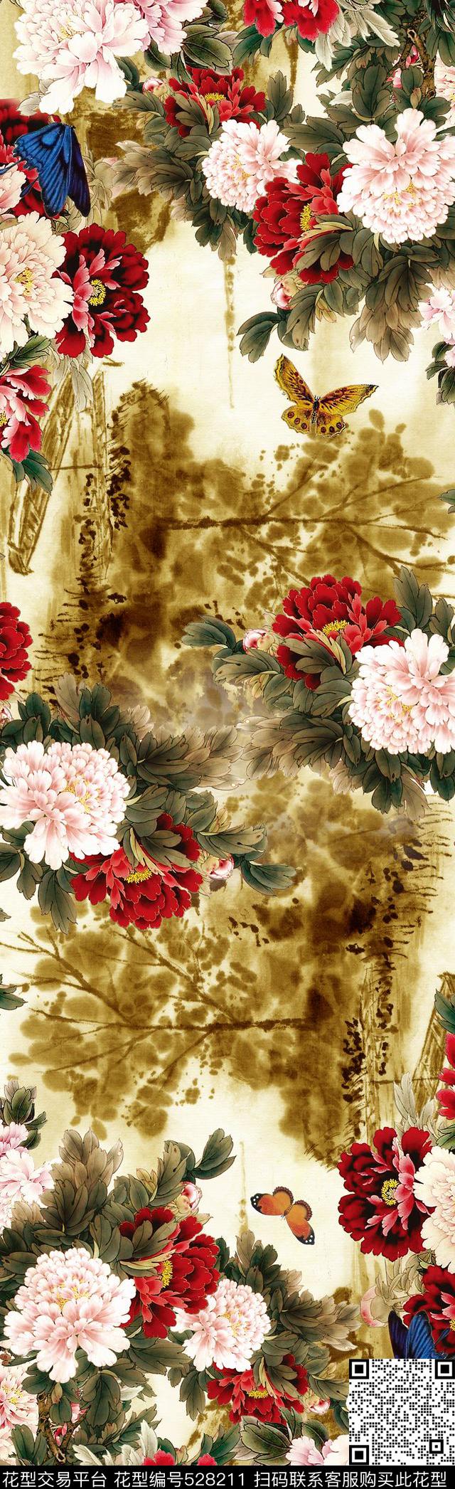中国风牡丹蝴蝶数码印花华亿平台下载（图片编号: 528211） - 瓦栏（Walan）