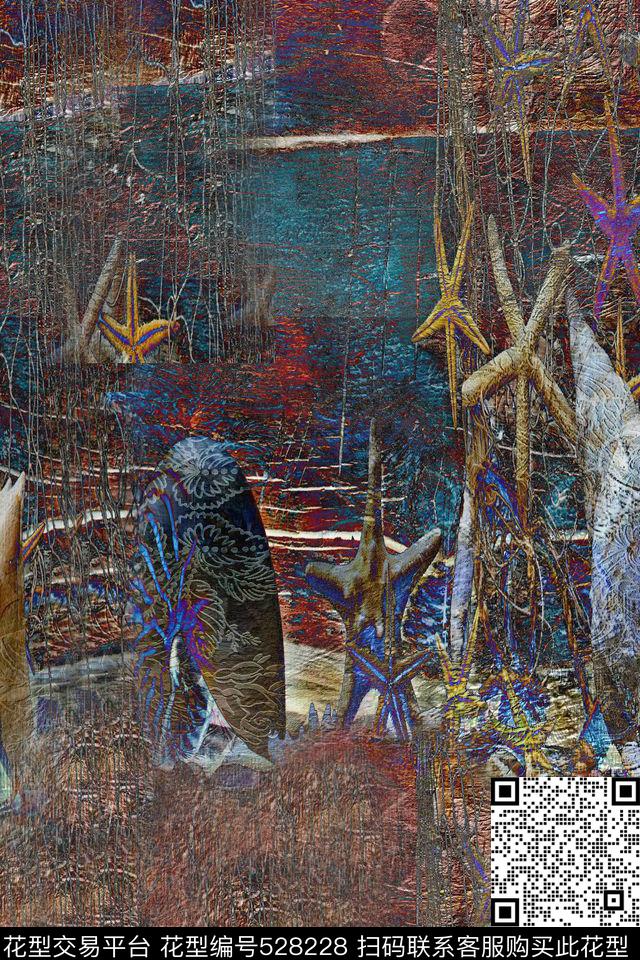 中国风山水画海螺数码印花华亿平台下载（图片编号: 528228） - 瓦栏（Walan）