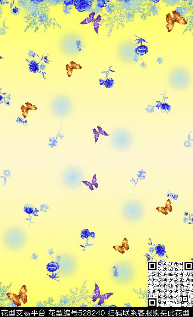 民族风水墨玫瑰蝴蝶渐变对边花数码印花华亿平台下载（图片编号: 528240） - 瓦栏（Walan）