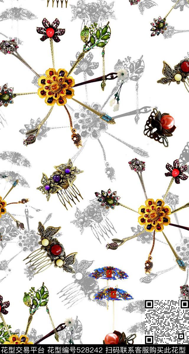 簪子古典发饰数码印花华亿平台下载（图片编号: 528242） - 瓦栏（Walan）