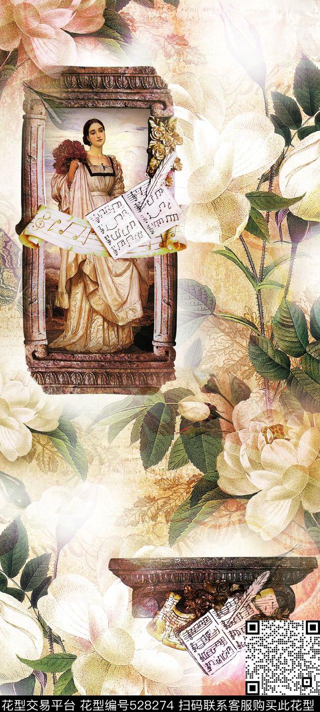 复古蝴蝶花卉数码印花华亿平台下载（图片编号: 528274） - 瓦栏（Walan）