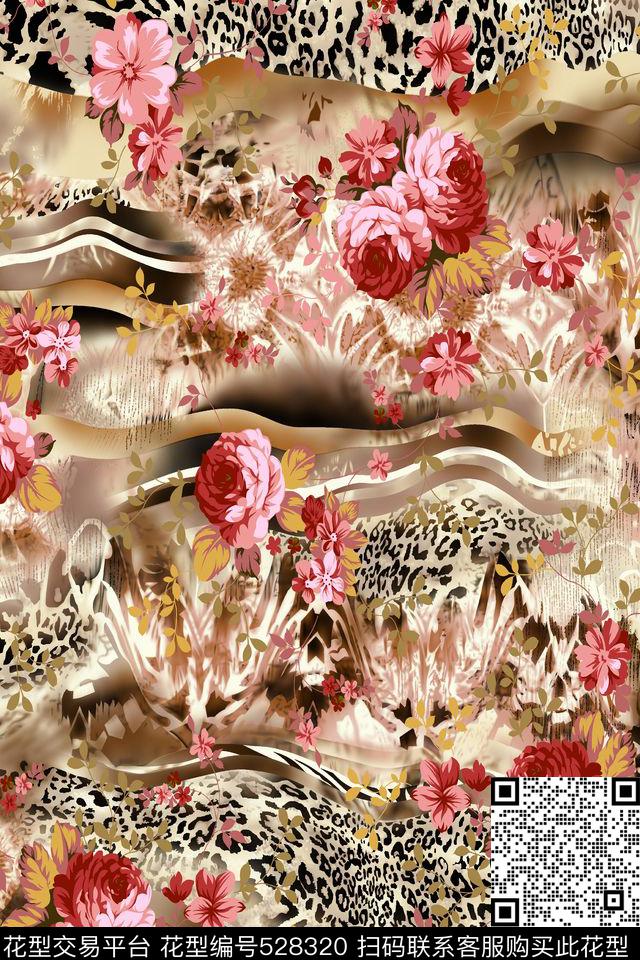 时尚牡丹花豹纹数码印花华亿平台下载（图片编号: 528320） - 瓦栏（Walan）