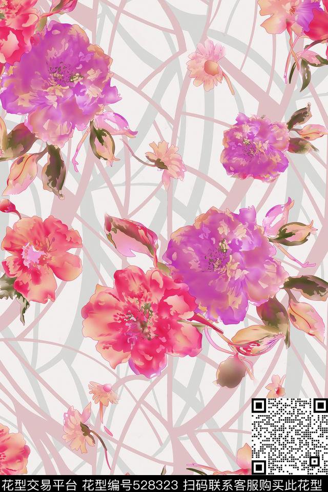 专色底牡丹花数码印花华亿平台下载（图片编号: 528323） - 瓦栏（Walan）