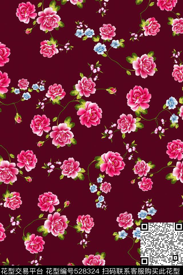 专色底牡丹小花传统印花华亿平台下载（图片编号: 528324） - 瓦栏（Walan）