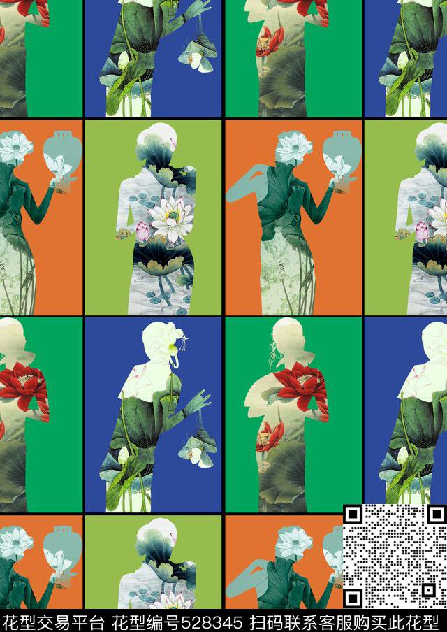 荷花流行时尚人物剪影数码印花华亿平台下载（图片编号: 528345） - 瓦栏（Walan）