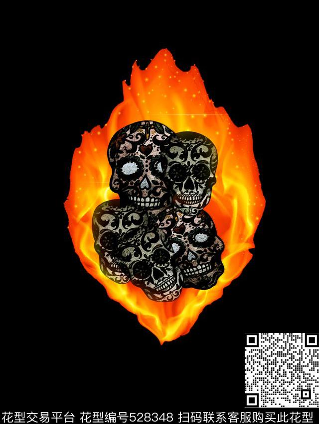 火骷髅最新流行时尚服装男女T恤独幅数码印花华亿平台下载（图片编号: 528348） - 瓦栏（Walan）