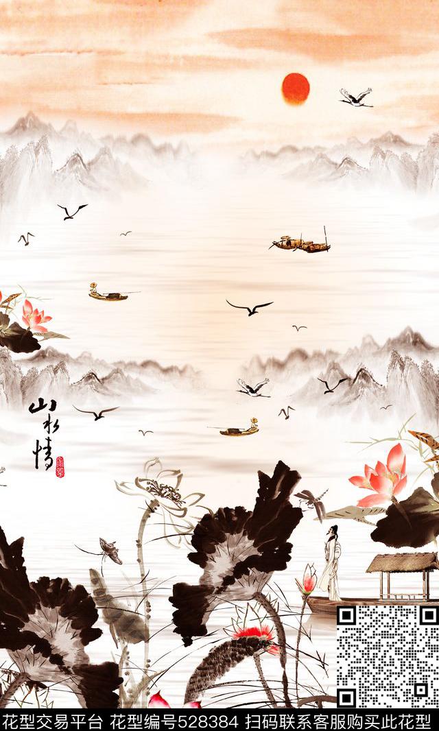 定位中国风水墨水彩荷塘山水画风景荷花复古民族仙鹤山旗袍女装围巾数码印花华亿平台下载（图片编号: 528384） - 瓦栏（Walan）