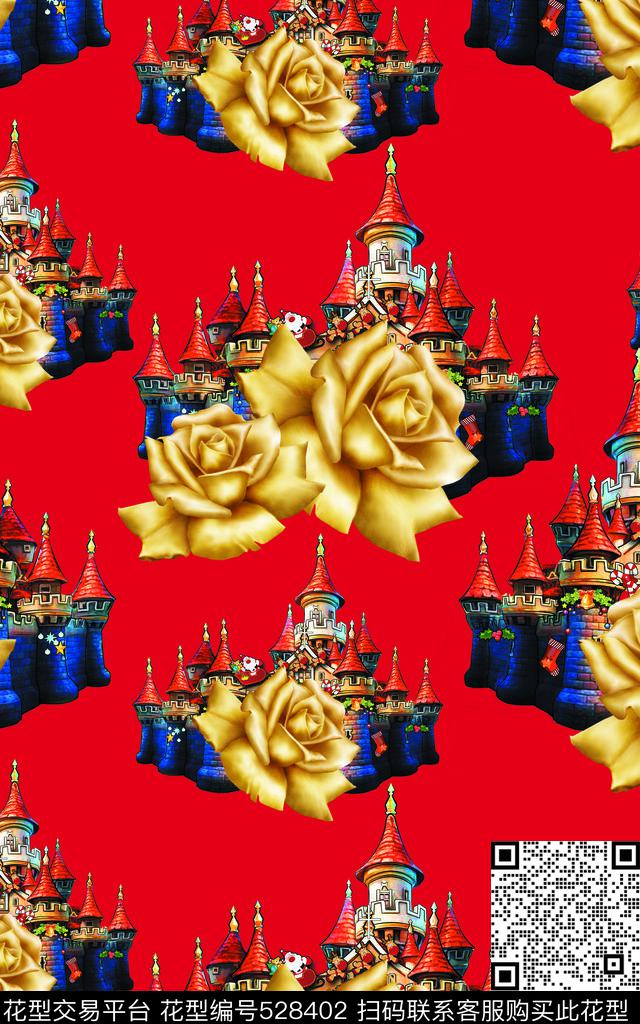 民族风圣诞城堡金色玫瑰欧美流行时尚数码印花华亿平台下载（图片编号: 528402） - 瓦栏（Walan）