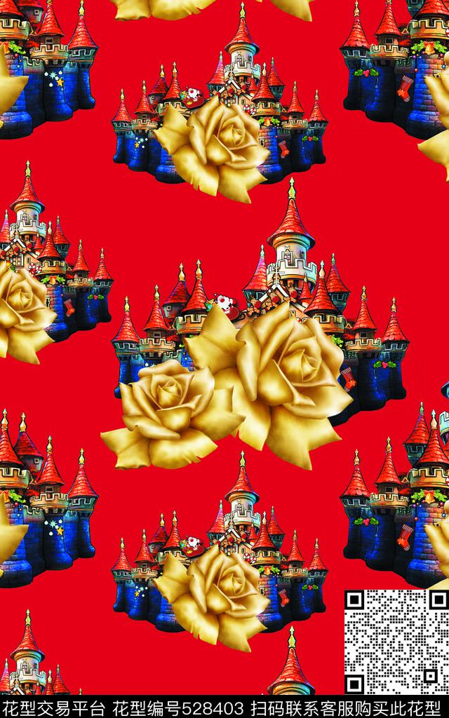 民族风圣诞城堡金色玫瑰欧美流行时尚数码印花华亿平台下载（图片编号: 528403） - 瓦栏（Walan）