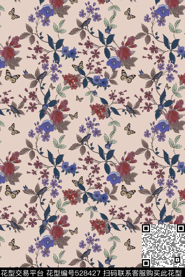 欧式宫廷风小清新花卉飞鸟家纺沙发华亿平台四方连续图案墙纸图案连衣裙衬衫图案数码印花华亿平台下载（图片编号: 528427） - 瓦栏（Walan）